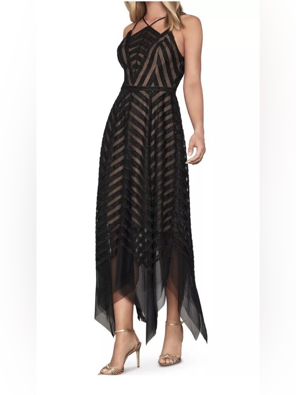 BCBGMAXAZRIA Size 6 Tinsel Tulle Handkerchief Hem Dress Black Strappy Witchy